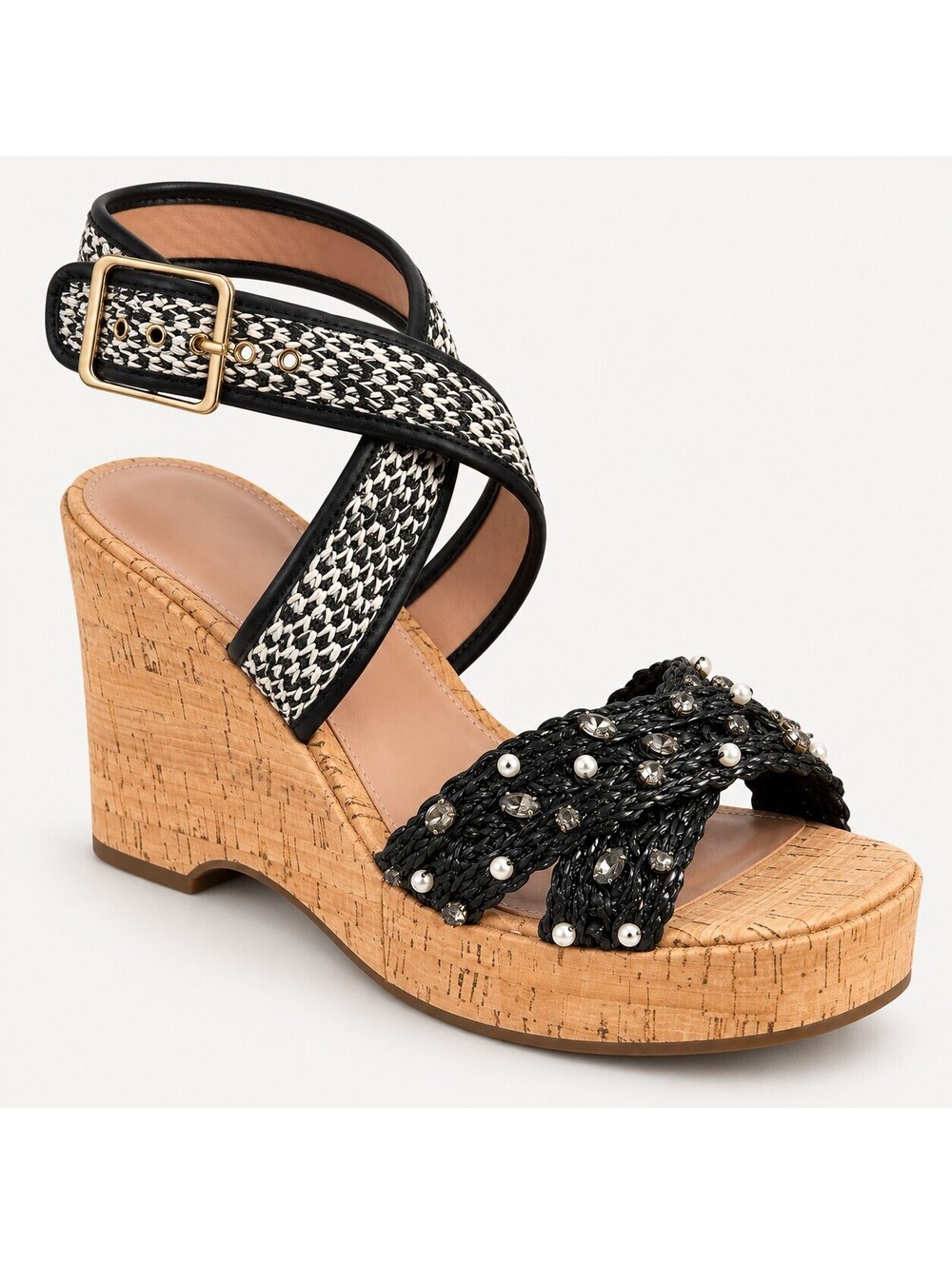 NWB Linea Paolo Varena Black Raffia Embellished Wedge Sandals Size 9.5
